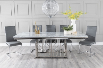 Product photograph of Vortex Marble Dining Table Set Rectangular Grey Top And Steel Chrome Base With Malibu Dark Grey Faux Leather Chairs from Choice Furniture Superstore