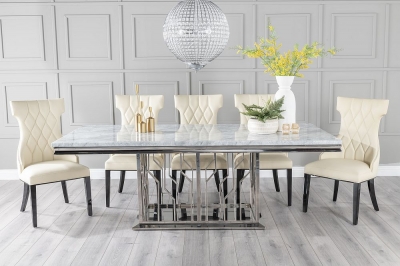 Product photograph of Vortex Marble Dining Table Set Rectangular Grey Top And Steel Chrome Base With Mimi Cream Faux Leather Chairs from Choice Furniture Superstore