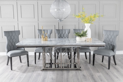 Product photograph of Vortex Marble Dining Table Set Rectangular Grey Top And Steel Chrome Base With Mimi Grey Faux Leather Chairs from Choice Furniture Superstore