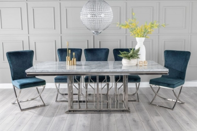Product photograph of Vortex Marble Dining Table Set Rectangular Grey Top And Pedestal Base With Lyon Blue Fabric Chairs from Choice Furniture Superstore