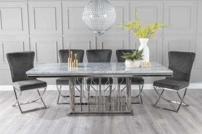 Product photograph of Vortex Marble Dining Table Set Rectangular Grey Top And Pedestal Base With Lyon Grey Fabric Chairs from Choice Furniture Superstore
