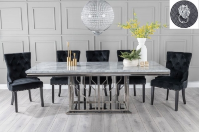 Product photograph of Vortex Marble Dining Table Set Rectangular Grey Top And Pedestal Base And Black Fabric Lion Head Ring Back Chairs With Black Legs from Choice Furniture Superstore