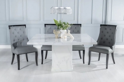 Product photograph of Turin Marble Dining Table Square White Top And Pedestal Base With Carmela Grey Faux Leather Chairs from Choice Furniture Superstore
