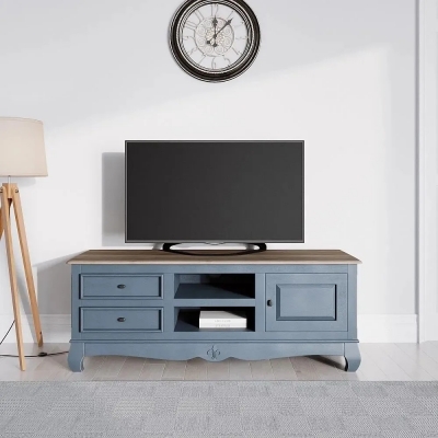 Product photograph of Clearance - Fleur French Style Tv Unit Stiffkey Blue Painted Solid Mango Wood Large Cabinet 135cm Stand Upto 50in Plasma from Choice Furniture Superstore