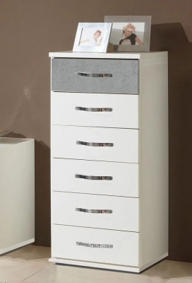 Image of IN STOCK Duo 6 Drawer Narrow Chest, German Made White and Grey Bedroom Furniture