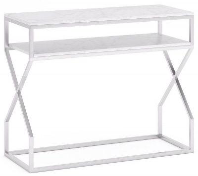 Product photograph of Scala White Marble Top And Chrome Console Table With Middle Shelf from Choice Furniture Superstore