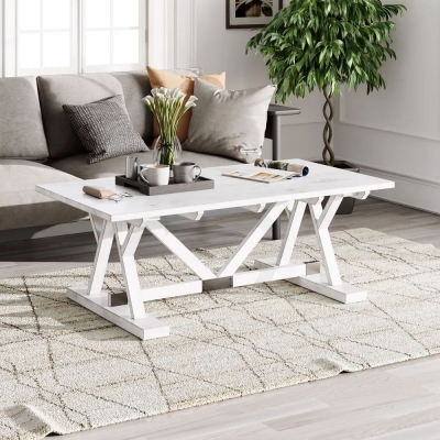 Product photograph of Clearance - Farmhouse Mango Wood White Washed Trestle Coffee Table from Choice Furniture Superstore