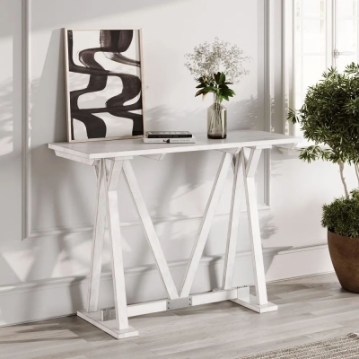 Product photograph of Clearance - Farmhouse Mango Wood White Washed Trestle Console Table from Choice Furniture Superstore