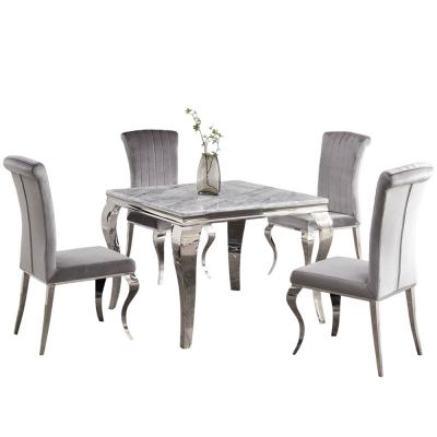 Product photograph of Louis Grey Marble And Chrome Square Dining Table With 4 Grey Velvet Fabric Chairs from Choice Furniture Superstore