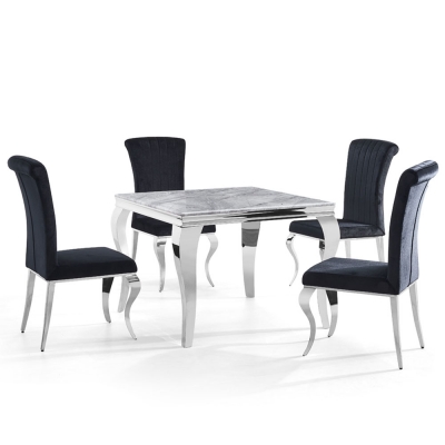 Product photograph of Louis Grey Marble And Chrome Square Dining Table With 4 Black Velvet Fabric Chairs from Choice Furniture Superstore