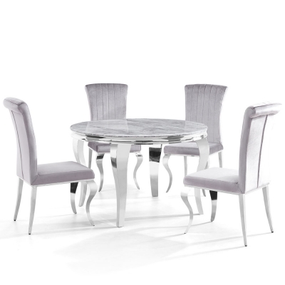 Product photograph of Louis Grey Marble And Chrome Round Dining Table With 4 Grey Velvet Fabric Chairs from Choice Furniture Superstore
