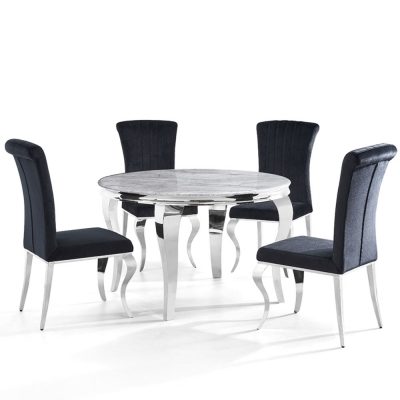 Product photograph of Louis Grey Marble And Chrome Round Dining Table With 4 Black Velvet Fabric Chairs from Choice Furniture Superstore