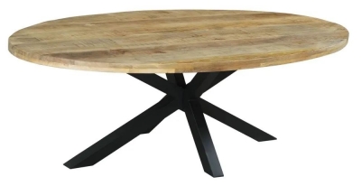 Product photograph of Fargo 10 Seater Industrial Oval Dining Table - Rustic Mango Wood With Black Spider Legs from Choice Furniture Superstore