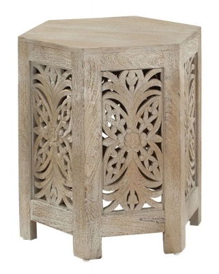 Product photograph of Mumbai Carved Hexagon Side Table In White Washed Finished Mango Wood from Choice Furniture Superstore