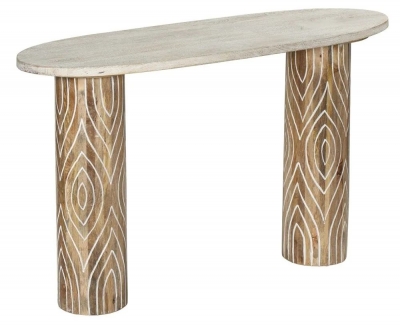 Clearance - Sahara Carved Pedestal Console Table in White Washed Finished Mango Wood