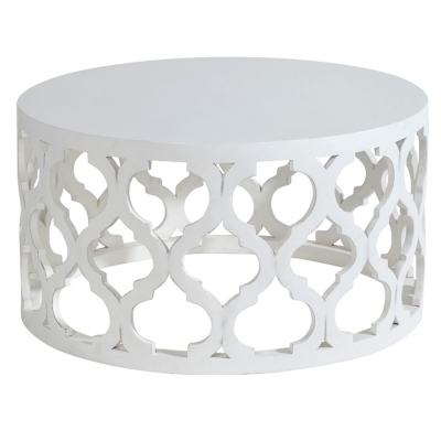 Product photograph of Boho White Washed Light Distressed Carved Mango Wood Round Coffee Table from Choice Furniture Superstore