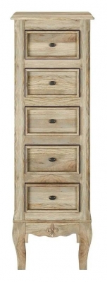 Image of Fleur French Style Washed Grey 5 Drawer Narrow Tall Chest - Made in Solid Rustic Mango Wood