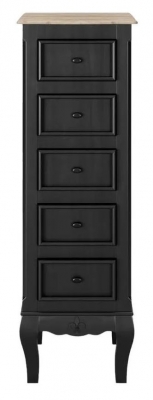 Clearance - Fleur French Style Black 5 Drawer Narrow Tall Chest - Made in Solid Mango Wood