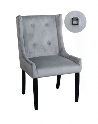 Image of Kimi Square Knocker Back Light Grey Dining Chair, Tufted Velvet Fabric Upholstered with Black Wooden Legs