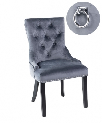 Image of Knocker Back Grey Dining Chair, Tufted Velvet Fabric Upholstered with Black Wooden Legs