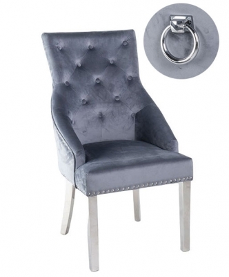 Large Knocker Back Grey Dining Chair, Tufted Velvet Fabric Upholstered with Chrome Legs
