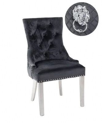 Product photograph of Lion Knocker Back Black Dining Chair Tufted Velvet Fabric Upholstered With Chrome Legs from Choice Furniture Superstore