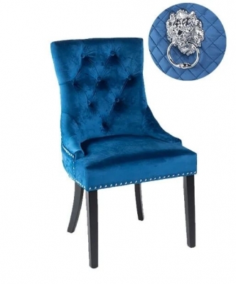 Product photograph of Lion Knocker Back Blue Dining Chair Tufted Velvet Fabric Upholstered With Black Wooden Legs from Choice Furniture Superstore