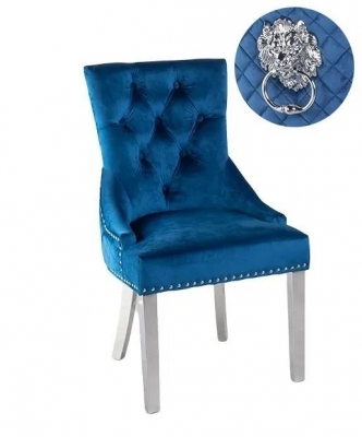 Product photograph of Lion Knocker Back Blue Dining Chair Tufted Velvet Fabric Upholstered With Chrome Legs from Choice Furniture Superstore
