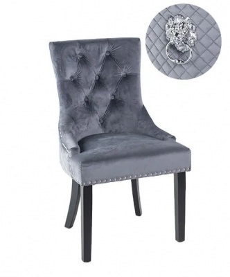 Image of Lion Knocker Back Grey Dining Chair, Tufted Velvet Fabric Upholstered with Black Wooden Legs