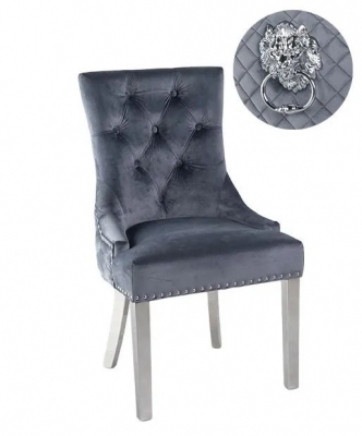 Product photograph of Lion Knocker Back Grey Dining Chair Tufted Velvet Fabric Upholstered With Chrome Legs from Choice Furniture Superstore