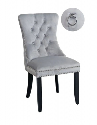 Image of Rivington Knocker Back Light Grey Dining Chair, Tufted Velvet Fabric Upholstered with Black Wooden Legs