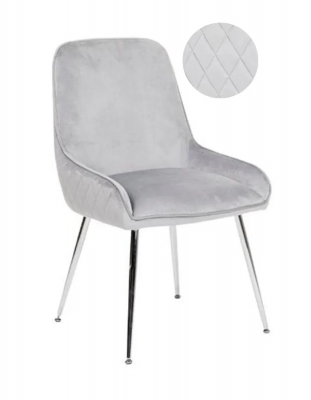 Image of Hamilton Light Grey Dining Chair, Velvet Fabric Upholstered with Quilted Diamond Stitched Back and Chrome Legs