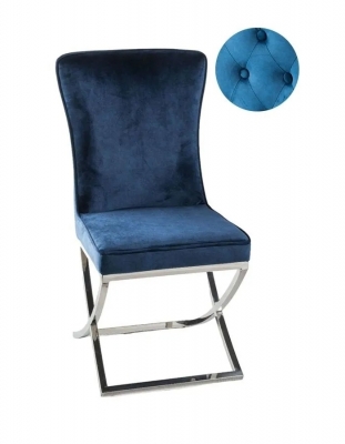 Product photograph of Lyon Cross Leg Blue Dining Chair Plush Velvet Fabric With Tufted Buttoned Back And Chrome Metal Base from Choice Furniture Superstore