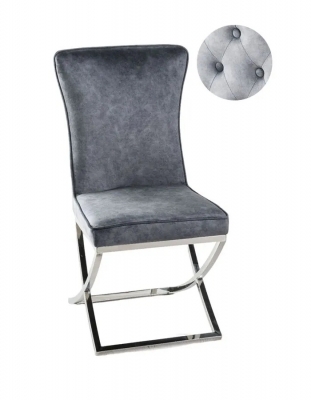 Lyon Cross Leg Grey Dining Chair, Plush Velvet Fabric with Tufted Buttoned Back and Chrome Metal Base
