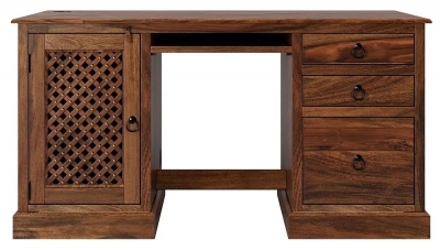 Product photograph of Maharani Sheesham Computer Desk Indian Wood Double Pedestal Lattice Jali Design - Filing Cabinet 1 Door With 3 Drawers from Choice Furniture Superstore
