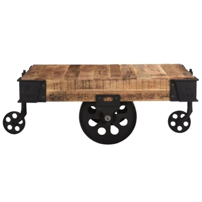 Product photograph of Dakota Mango Wood Cart Coffee Table Industrial Style Indian Light Natural Rustic Finish - 4 Iron Wheels from Choice Furniture Superstore