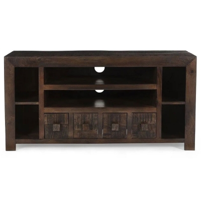 Product photograph of Clearance - Dakota Mango Wood Tv Unit Indian Dark Walnut Rustic Finish Medium Cabinet 110cm Stand Upto 43in Plasma Tv - 4 Drawer from Choice Furniture Superstore