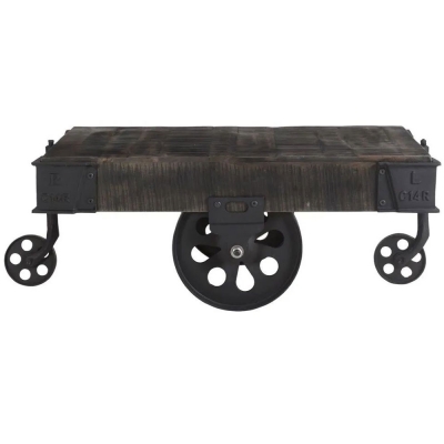 Product photograph of Clearance - Dakota Mango Wood Cart Coffee Table Industrial Style Indian Dark Walnut Rustic Finish - 4 Iron Wheels from Choice Furniture Superstore