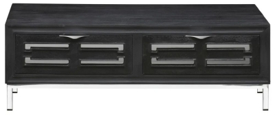Clearance - Geo Black Painted Mirrored Storage Coffee Table, Solid Mango Wood with Stainless Steel Chrome Base - 2 Drawers