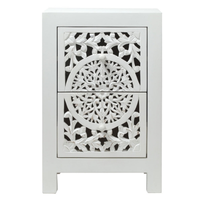 Product photograph of Boho White Washed Light Distressed Carved Mango Wood Bedside Cabinet - 2 Drawers from Choice Furniture Superstore