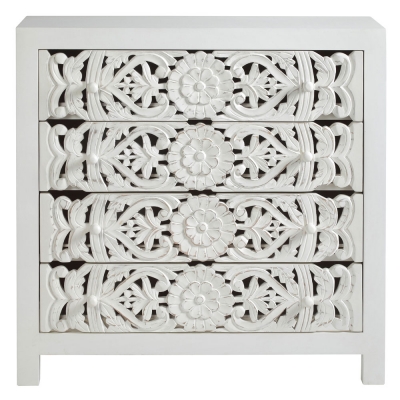 Product photograph of Boho White Washed Light Distressed Carved Mango Wood Chest - 4 Drawers from Choice Furniture Superstore