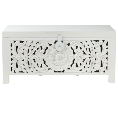 Product photograph of Boho White Washed Light Distressed Carved Mango Wood Blanket Box - 1 Door from Choice Furniture Superstore