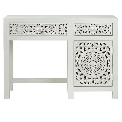 Product photograph of Boho White Washed Light Distressed Carved Mango Wood Desk - 1 Door 2 Drawers Single Pedestal from Choice Furniture Superstore