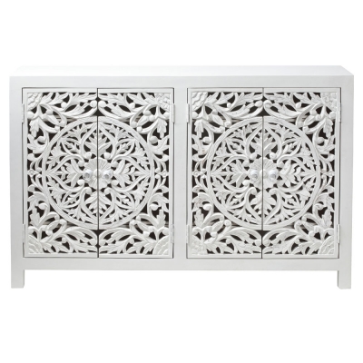 Product photograph of Boho White Washed Light Distressed Carved Mango Wood Large Sideboard - 137cm from Choice Furniture Superstore