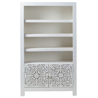 Product photograph of Boho White Washed Light Distressed Carved Mango Wood Bookcase - 2 Doors from Choice Furniture Superstore