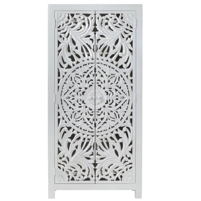 Product photograph of Boho White Washed Light Distressed Carved Mango Wood Wardrobe - 2 Doors from Choice Furniture Superstore