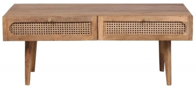 Product photograph of Japandi Natural Mango Wood And Rattan 2 Drawer Coffee Table from Choice Furniture Superstore