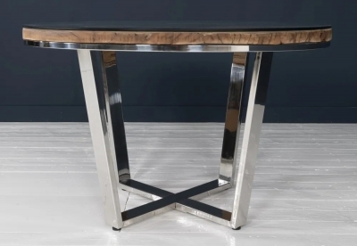 Product photograph of Railway Sleeper Dining Table With Glass Top 120cm Round Seats 4 Diners With Stainless Steel Chrome Legs Made From Reclaimed Wood from Choice Furniture Superstore