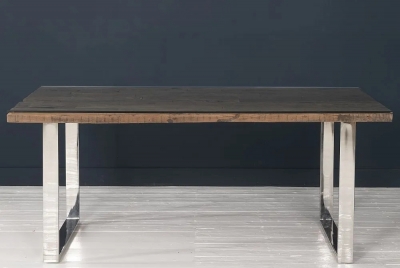 Product photograph of Railway Sleeper Dining Table With Glass Top 180cm Rectangular Seats 6 To 8 Diners With Stainless Steel Chrome U Legs Made From Reclaimed Wood from Choice Furniture Superstore
