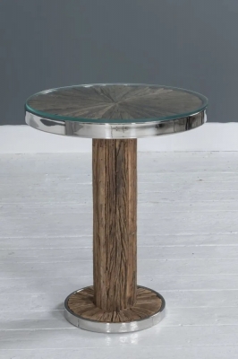 Product photograph of Railway Sleeper Side Table With Glass Top Round Column Base Made From Reclaimed Wood And Steel Trim from Choice Furniture Superstore